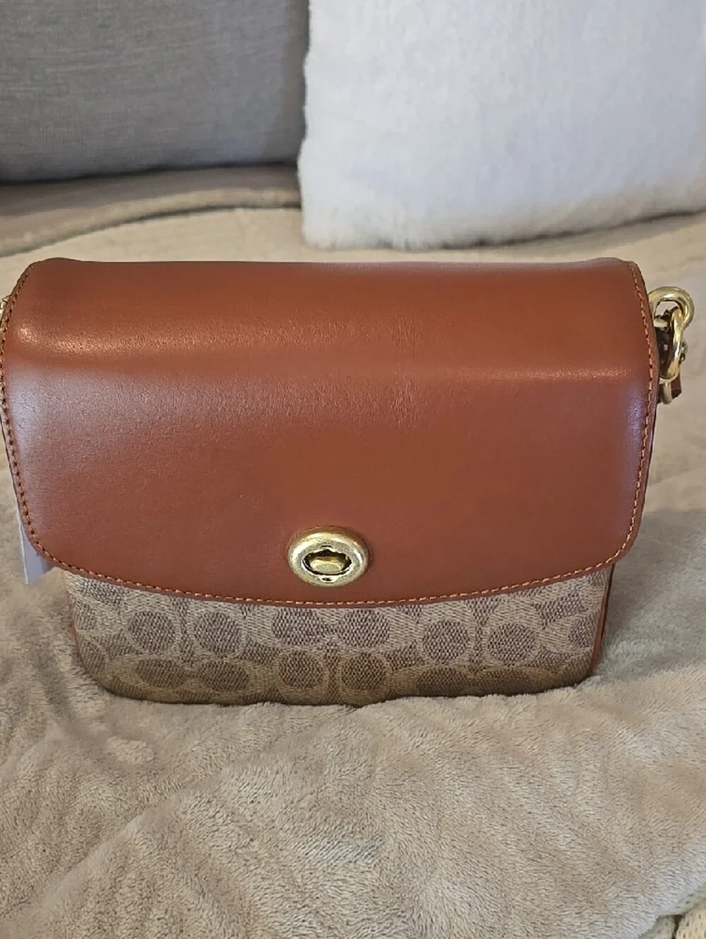 Coach Tan Leather & Signature Canvas Shoulder Bag with Gold Hardware